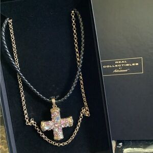 New Real Collectibles By Adrienne chunky gemstone cross leather chain necklace